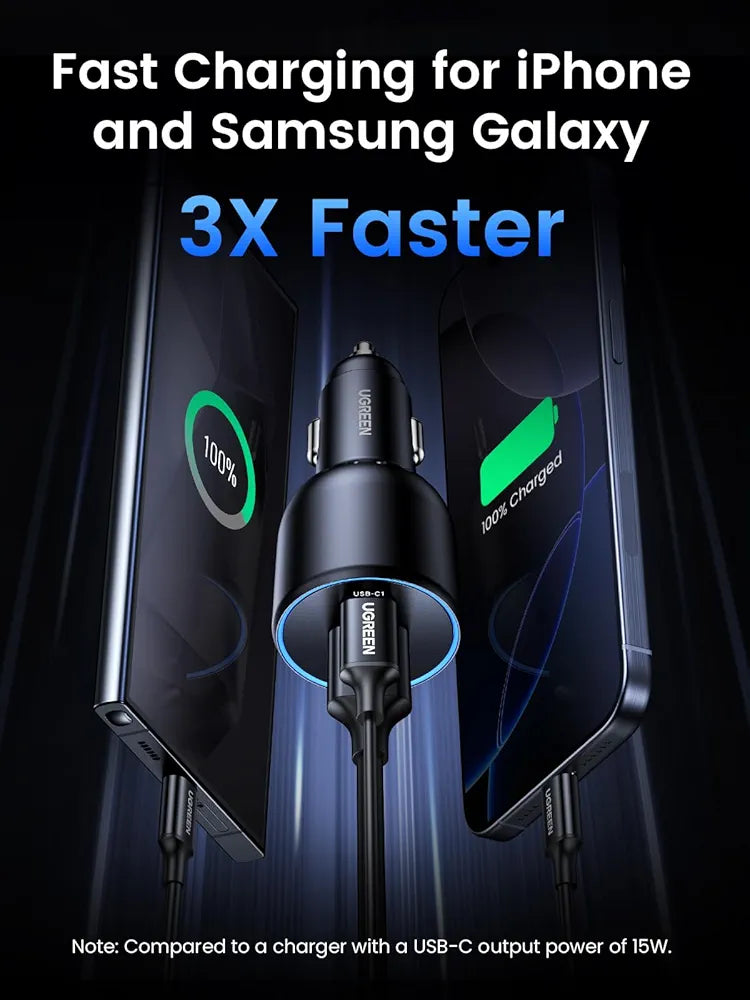 UGREEN 130W USB C Car Charger, PD 100W +PD 30W Type C Car Charger Adapter Compatible with iPhone 16 16 Plus 16 Pro 16 Pro Max, Galaxy S24 S23 Ultra, iPad, MacBook, and More