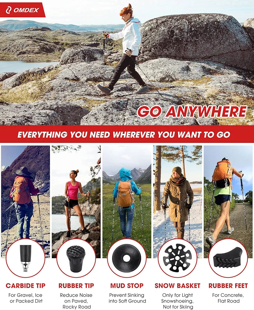 Trekking Poles for Hiking Collapsible - OMDEX Upgrade Ultralight Folding Aluminum Alloy 7075 Hiking Pole Pairs, Hiking Sticks Lightweight with Quick Lock System, Foldable Walking Sticks for Men Women