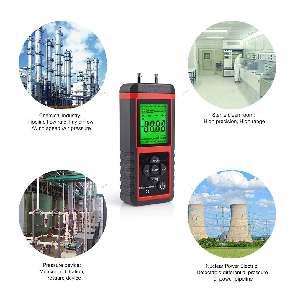 LCD Digital Manometer Differential Pressure Gauge Gas Air Pressure Meter 12 Unit