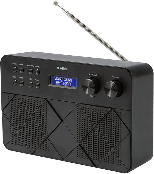 i-Star DAB/DAB+ and FM Radio on Batteries and Mains with Stereo Speaker, Dual Alarm Clock, Sleep Timer, LCD Display, Portable Digital Radio in Black