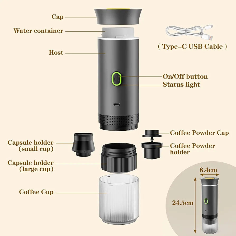 Expresso 3in 1 Portable Machine, Mini Coffee Maker for Travel, Self-Heating Car Coffee Maker with USB-C, Small Espresso Machine with Ground Coffee & Capsules