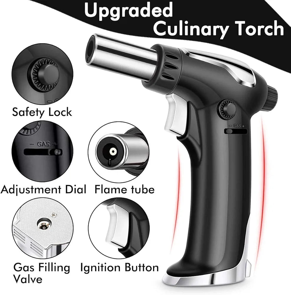 Vimzone Butane Torch, Blow Torch Refillable Kitchen Culinary Torch Lighter with Lock and Adjustable Flame for BBQ, Baking, Brulee Creme and Desserts(Butane Gas Not Included) (Black)