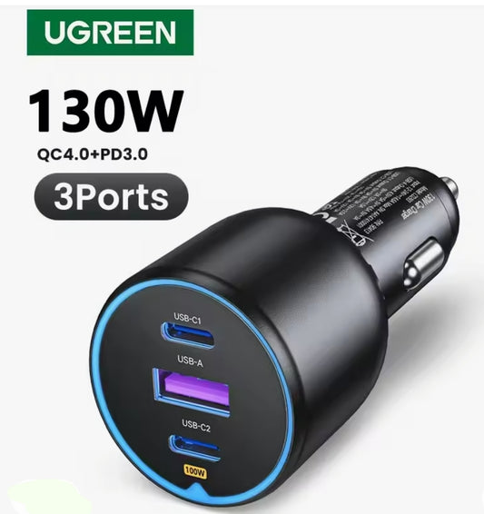 UGREEN 130W USB C Car Charger, PD 100W +PD 30W Type C Car Charger Adapter Compatible with iPhone 16 16 Plus 16 Pro 16 Pro Max, Galaxy S24 S23 Ultra, iPad, MacBook, and More