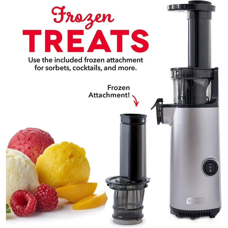 Dash DCSJ255 Deluxe Compact Power Slow Masticating Extractor Easy to Clean, Cold Press Juicer with Brush, Pulp Measuring Cup, Frozen Attachment and Juice Recipe Guide,