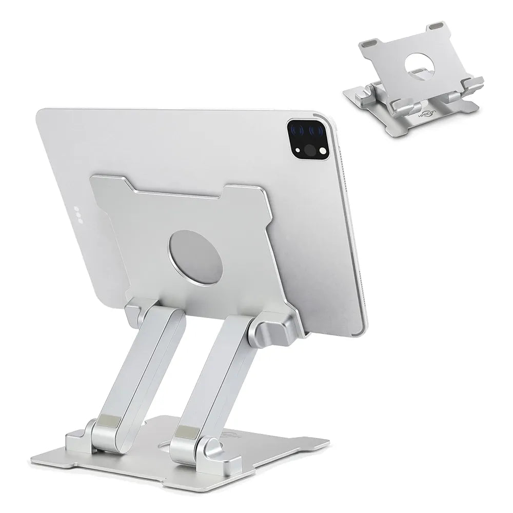 KABCON Quality Tablet Stand,Adjustable Foldable Eye-Level Aluminum Solid Up to 15-in Tablets Holder for Microsoft Surface Series Tablets,iPad Series,Samsung Galaxy Tabs,Amazon Kindle Fire,Etc.Silver/Grey