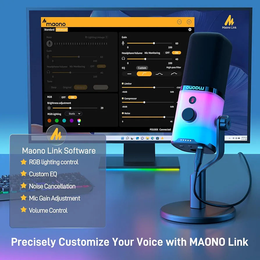 MAONO XLR USB Gaming Microphone: Dynamic RGB PC Microphone with Software for Streaming Podcast Vocal Recording Computer Mic with Noise Cancellation, Mute Button, Gain Knob, Desktop Stand PD100X RGB