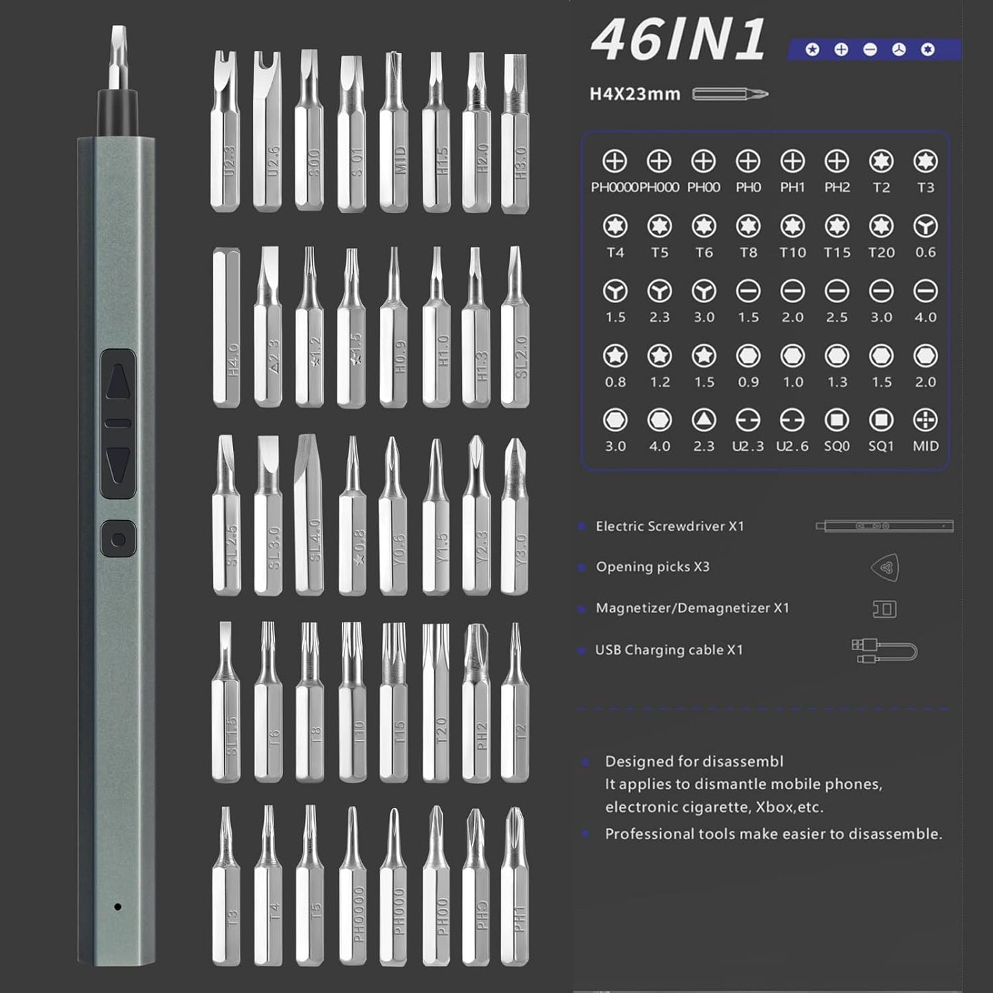 Electric Screwdriver Set 46-in-1, Cordless Rechargeable with 40 Precision Bits, 3 LED Lights, 2-Speed & Forward/Reverse, Lightweight Mini Screwdriver for Home Repair, DIY, Electronics