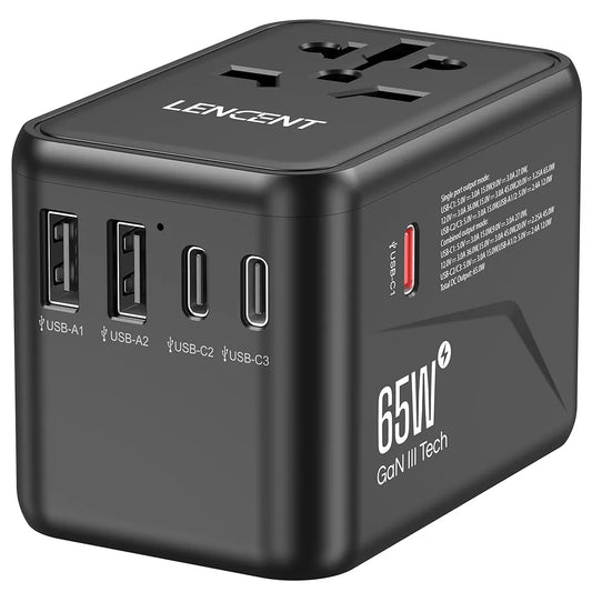LENCENT Universal Travel Adapter, GaN III 65W International Charger with 2 USB Ports & 3 USB-C PD Fast Charging, All in One Outlet Adaptor for iPhone,Laptops, Type A/C/G/I (USA/UK/EU/AUS)