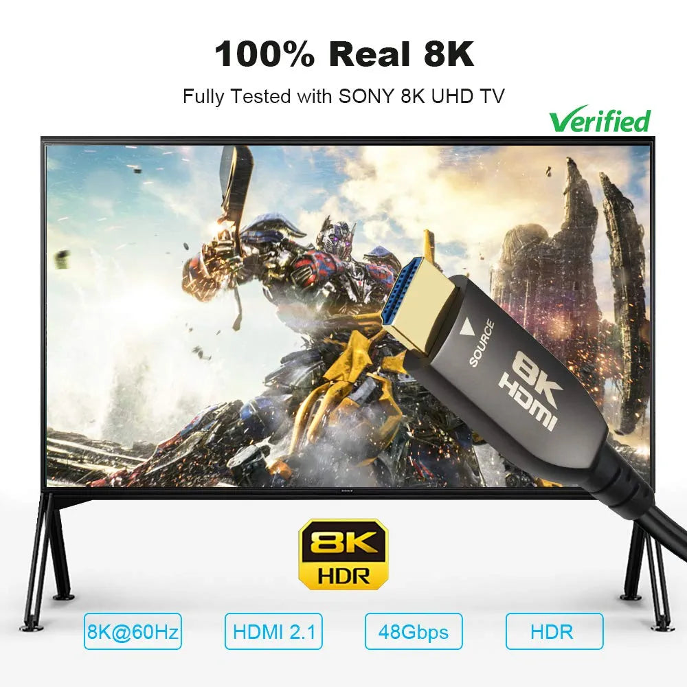Yauhody Real 8K HDMI Fiber Optic Cable 50ft, Ultra High Speed 48Gbps HDMI 2.1 Over Fiber, Supports 10K, 8K@60Hz, 4K@144Hz/120Hz/60Hz, HDCP 2.2 & 2.3, 4:4:4, eARC, Dynamic HDR 10, 3D (50ft)