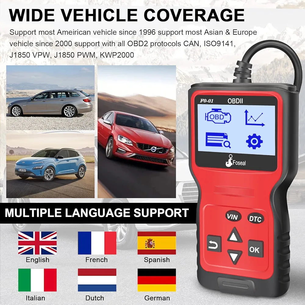 Foseal Wired Car OBD2 Scanner,Plug and Play Code Reader, Car Diagnostic Tool for OBDII Protocol Vehicles Since 1996