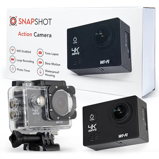 SNAPSHOT Action Camera 4K Underwater - 12MP HD Waterproof Video Cameras | 170 Degree Wide Angle Lens, 98FT, 90 Minute Battery | Sports Body Cam and Helmet Accessories Kit (Black)