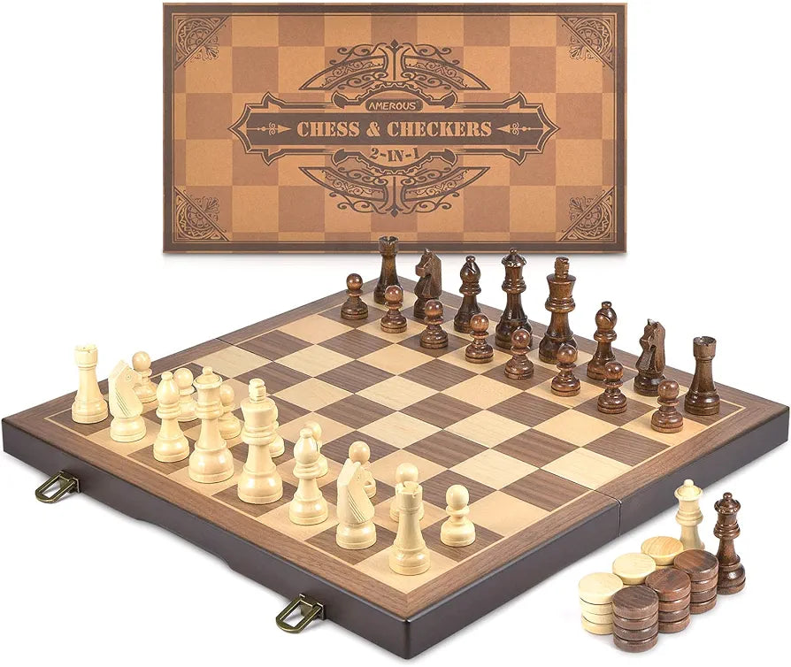 AMEROUS Magnetic Wooden Chess and Checkers Game Set, 15 Inches (2 in 1) Chess Board Games, 2 Extra Queens - Gift Package - Game Pieces Storage Slots