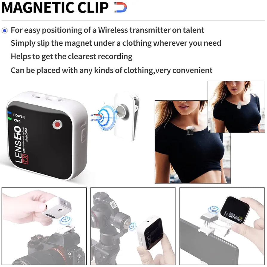 LENSGO 348C 2.4Ghz Wireless Lavalier Microphone 32GB TF Card Slot Compact Lav Mic 2 Transmitter and 1 Receiver