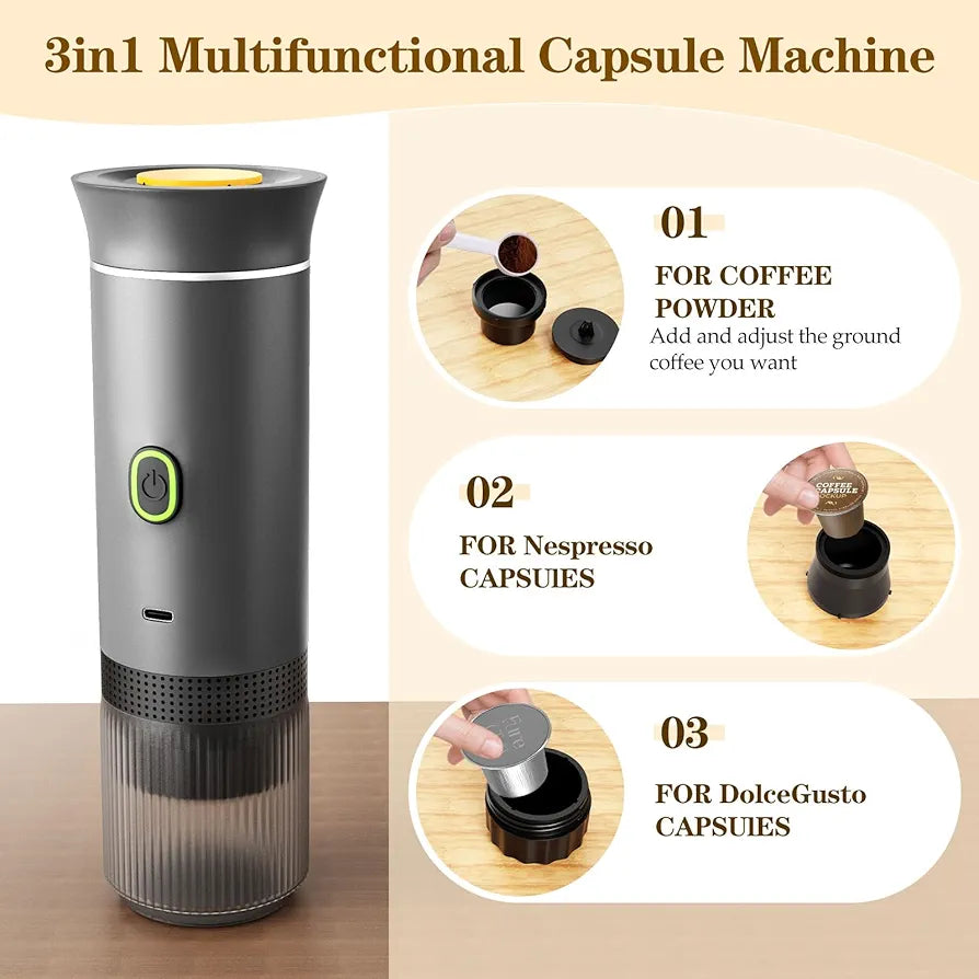 Expresso 3in 1 Portable Machine, Mini Coffee Maker for Travel, Self-Heating Car Coffee Maker with USB-C, Small Espresso Machine with Ground Coffee & Capsules