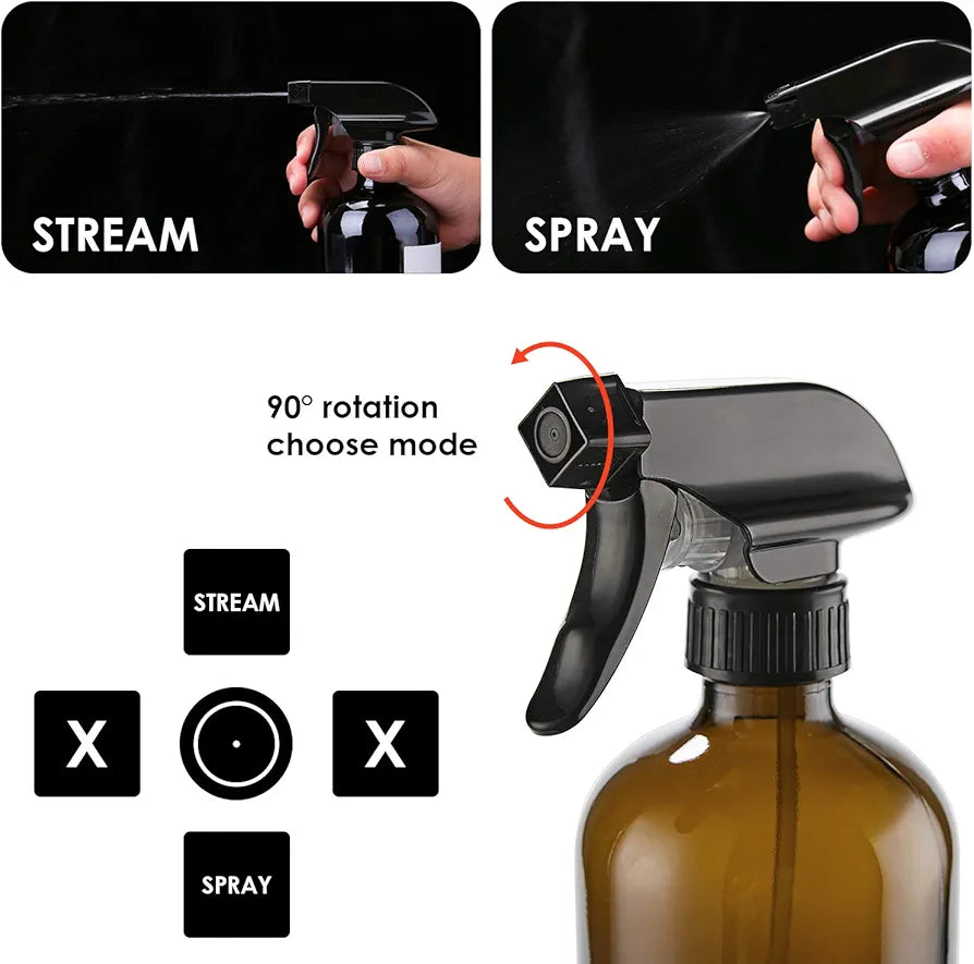 THETIS Homes Amber Glass Spray Bottle (3 Pack) Boston (16oz) - Refillable Container with Trigger Sprayers, Caps and lables, Glass Bottle for Essential Oils, Cleaning, Room Spritzers or Aromatherapy