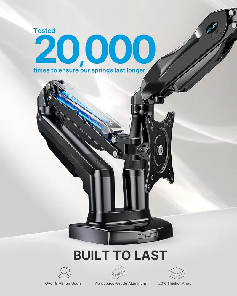 HUANUO Dual Monitor Stand - Full Adjustable Monitor Desk Mount Swivel Vesa Bracket with C Clamp, Steel Monitor Mount Reinforcement Plate for Thin, Glass and Other Fragile Tabletop