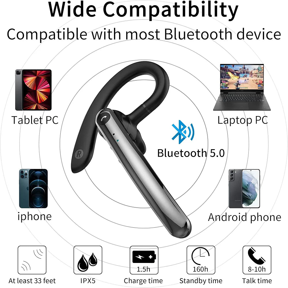 Bluetooth Headset,(F990) Wireless Business earpiece V5.0 Hands-Free Earphones with Built-in Mic Compatible with iPhone and Android