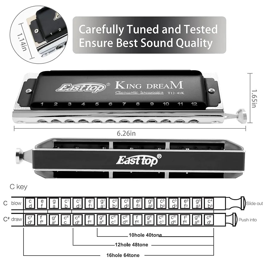 East top King Dream Chromatic Harmonica Key of C,12 Holes 48 Tones Professional Mouth Organ Harmonica for Adults, Professionals and Students (48K)