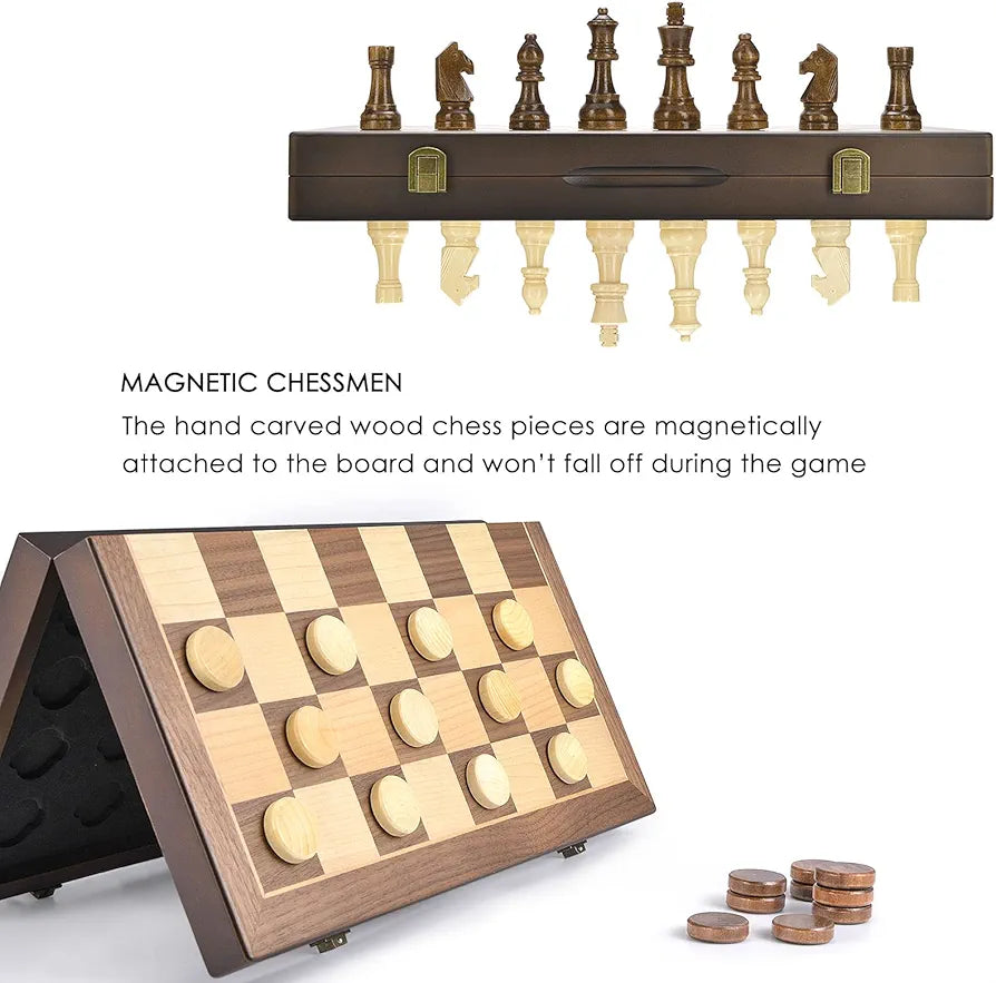 AMEROUS Magnetic Wooden Chess and Checkers Game Set, 15 Inches (2 in 1) Chess Board Games, 2 Extra Queens - Gift Package - Game Pieces Storage Slots