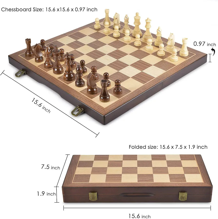 AMEROUS Magnetic Wooden Chess and Checkers Game Set, 15 Inches (2 in 1) Chess Board Games, 2 Extra Queens - Gift Package - Game Pieces Storage Slots