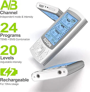 AUVON Dual Channel TENS EMS Machine for Pain Relief, 24 Modes TENS Unit Muscle Stimulator with 12pcs 2"x2" TENS Electrode Pads