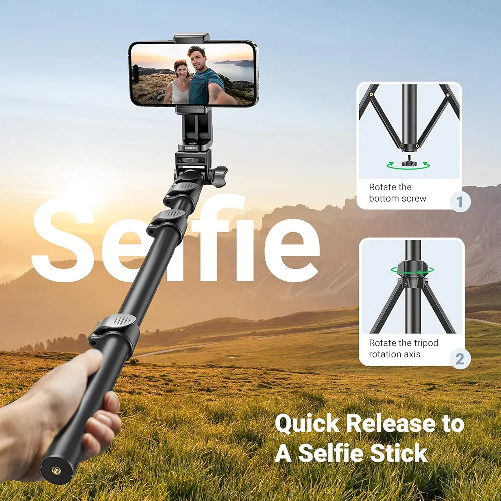 UGREEN iPhone Tripod Stand Filming 70”/1.8m Tall Selfie Stick Bluetooth Remote Foldable Phone Travel Mount 360° Rotating Holder Compatible with iPhone 17 Pro Max Air 16,Galaxy S25 S24 Ultra,Camera