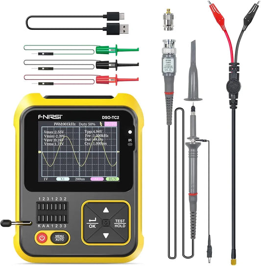 FNIRSI DSO-TC2 Oscilloscope - 2-in-1 Handheld Oscilloscope & Transistor Tester, PWM Square Wave Output, Diode Voltage Continuity Tester, Integrated Hidden Stand, P6100 High Voltage Probe