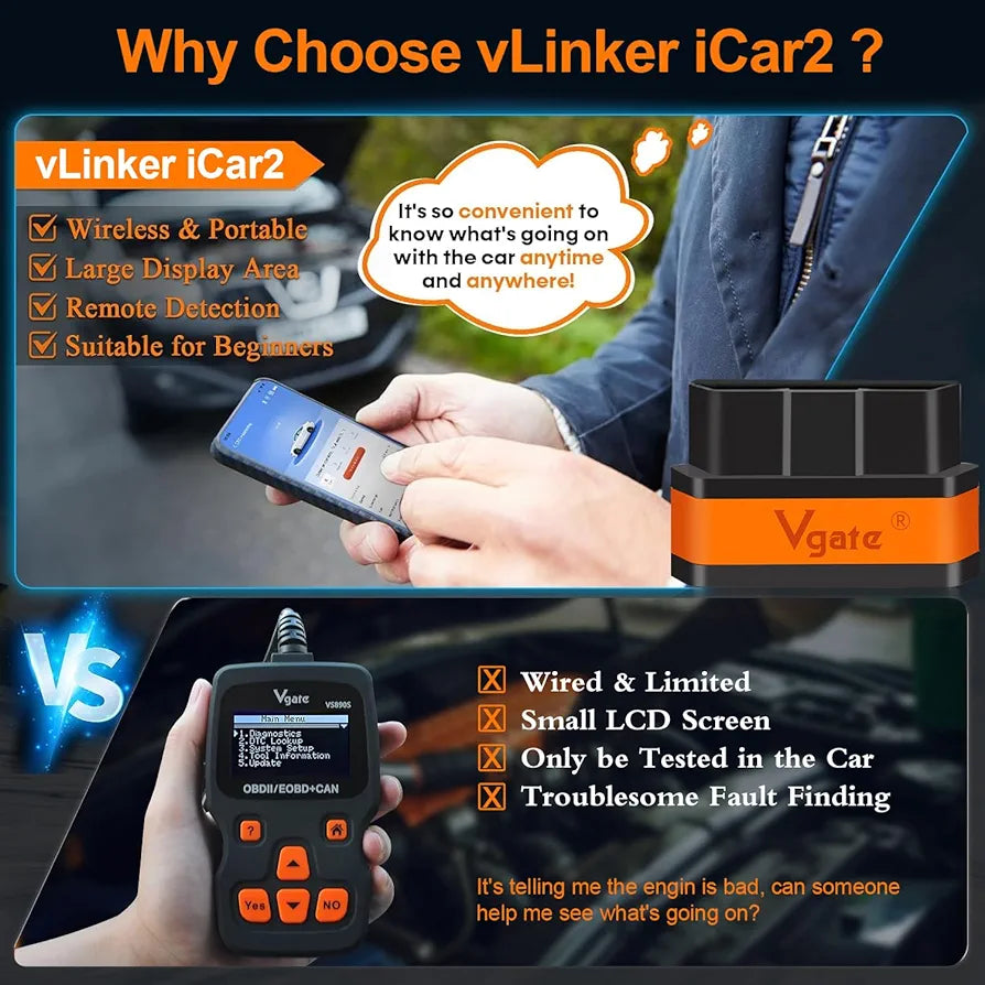 Vgate iCar2 BLE 4.0 OBD2 Bluetooth Adapter Auto Scanner Car Diagnostic Tools Engine System Diagnostic Tools for Android/IOS (Black/Orange)