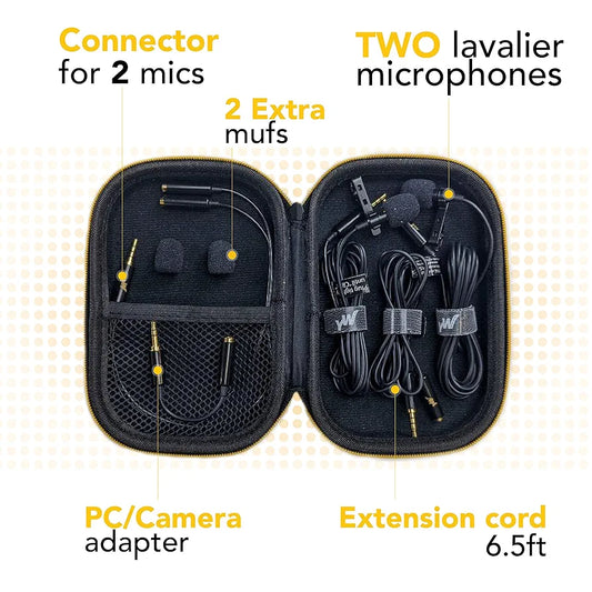 Dual Lavalier Microphone - Wired Lav Mic Lapel Microphone Set for Camera, DSLR, Smartphone, and PC - Professional Audio Recording with Clip-On Design and 3.5mm TRRS Connector