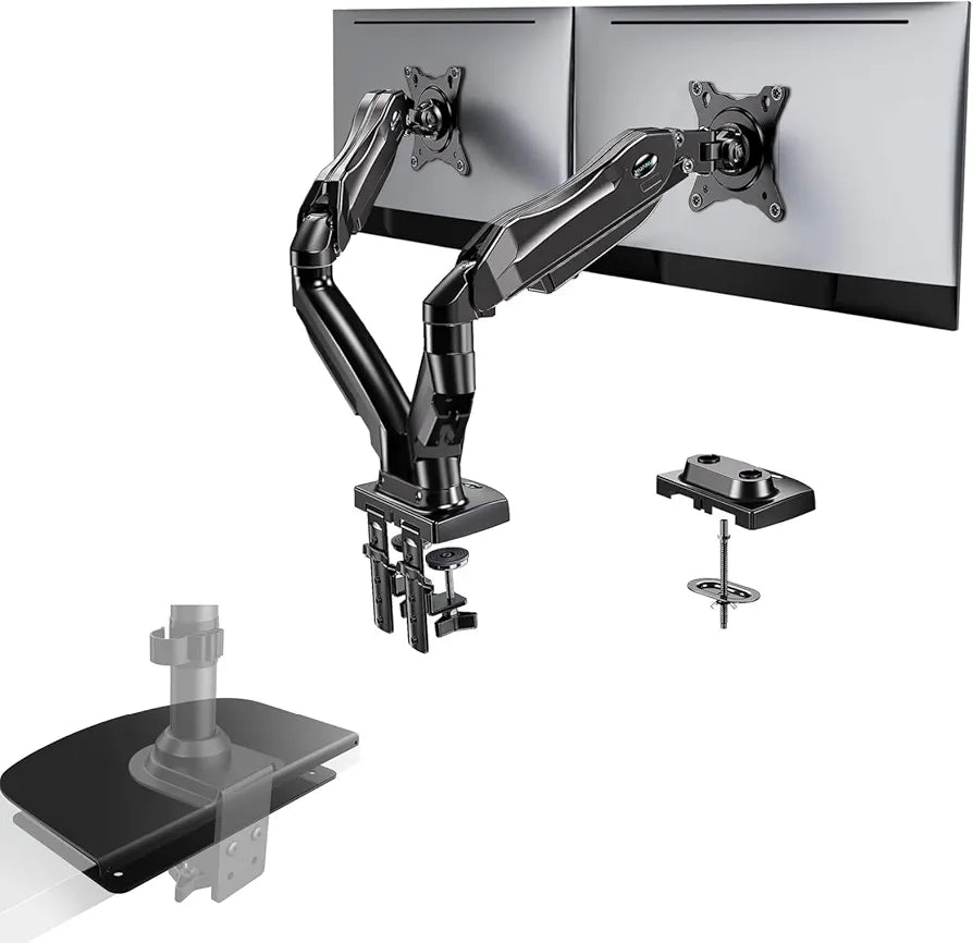 HUANUO Dual Monitor Stand - Full Adjustable Monitor Desk Mount Swivel Vesa Bracket with C Clamp, Steel Monitor Mount Reinforcement Plate for Thin, Glass and Other Fragile Tabletop