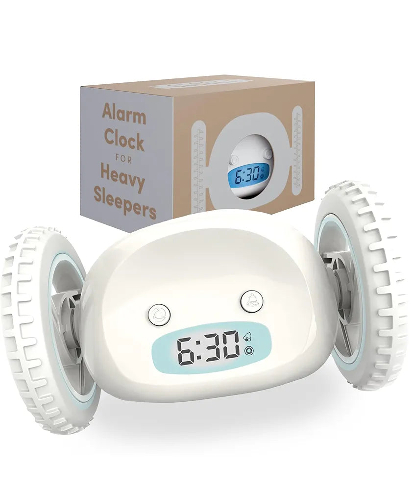 CLOCKY Extra Loud Alarm Clock for Heavy Sleepers on Wheels Rolls Runs Away Vibrating, Easy to Set Super Smart Snooze Digital Bed Shaker Alarm Clock Funny Gift for Adults Kids Teens Bedrooms (White)