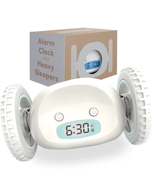 CLOCKY Extra Loud Alarm Clock for Heavy Sleepers on Wheels Rolls Runs Away Vibrating, Easy to Set Super Smart Snooze Digital Bed Shaker Alarm Clock Funny Gift for Adults Kids Teens Bedrooms (White)