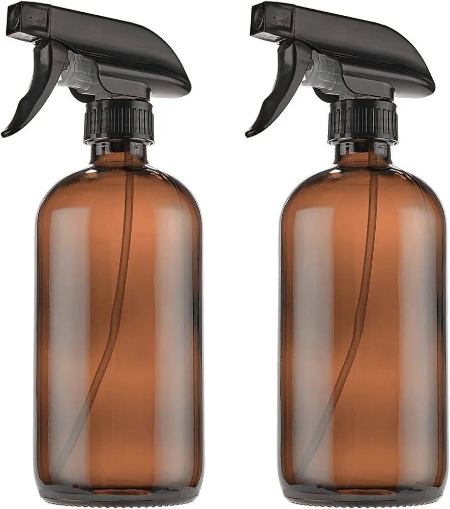 THETIS Homes Amber Glass Spray Bottle (3 Pack) Boston (16oz) - Refillable Container with Trigger Sprayers, Caps and lables, Glass Bottle for Essential Oils, Cleaning, Room Spritzers or Aromatherapy