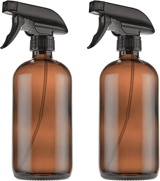 THETIS Homes Amber Glass Spray Bottle (3 Pack) Boston (16oz) - Refillable Container with Trigger Sprayers, Caps and lables, Glass Bottle for Essential Oils, Cleaning, Room Spritzers or Aromatherapy