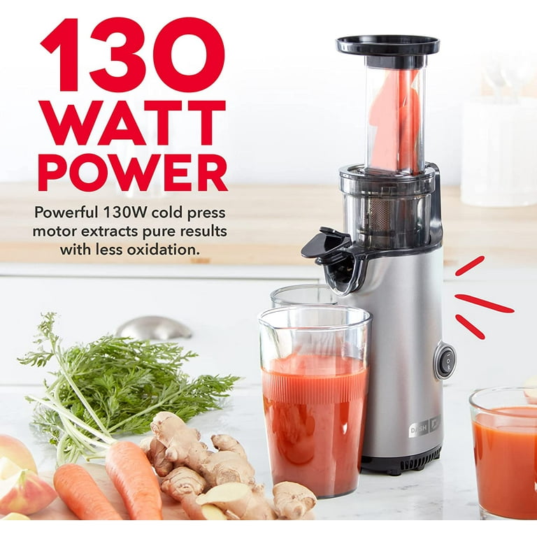 Dash DCSJ255 Deluxe Compact Power Slow Masticating Extractor Easy to Clean, Cold Press Juicer with Brush, Pulp Measuring Cup, Frozen Attachment and Juice Recipe Guide,