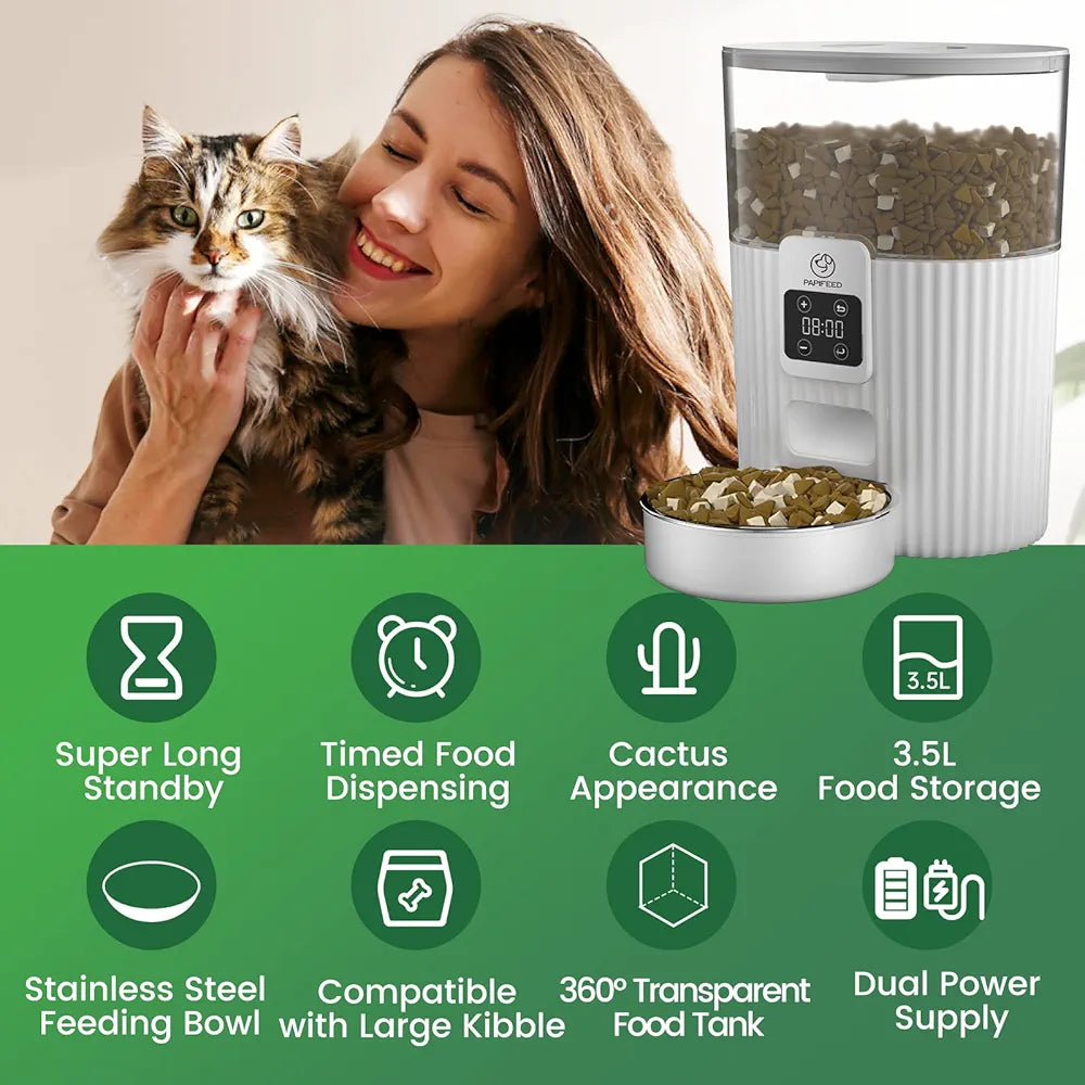 PAPIFEED Timed Automatic Cat Feeders Smart Dry Food Dispenser with Stainless Steel Bowl, Programmable Portion Control Auto Feeder, Outdoor Battery Operated Up to 30 Days, for Cats & Small Dogs