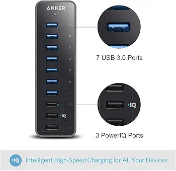 Anker USB Hub, USB 3.0 Hub, 10 Port 60W Data Hub, with 7 USB 3.0 Ports, 3 PowerIQ Charging Ports, Compatible with MacBook, iMac, Dell XPS, Surface Pro, iPhone, iPad Air, Galaxy Series, Mobile HDD