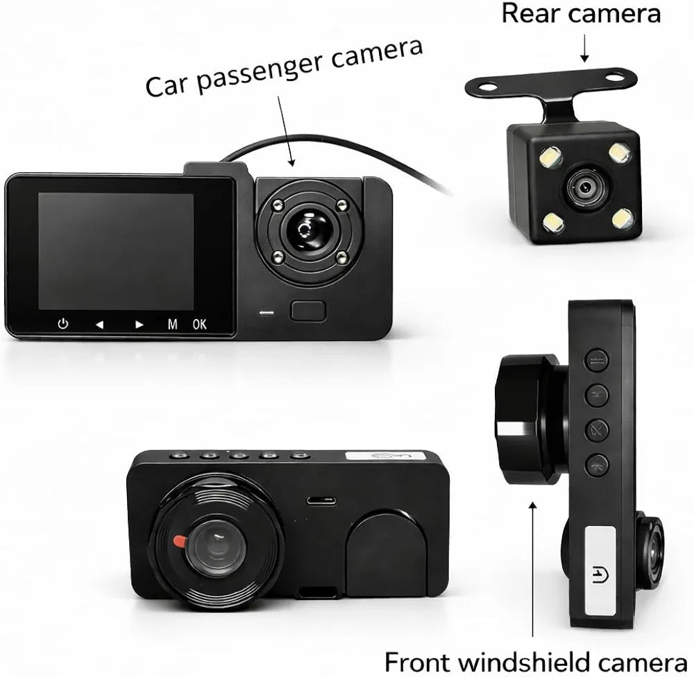 Triple Dash Camera Front, Cabin & Rear 170° Ultra Wide Angle  Night Vision