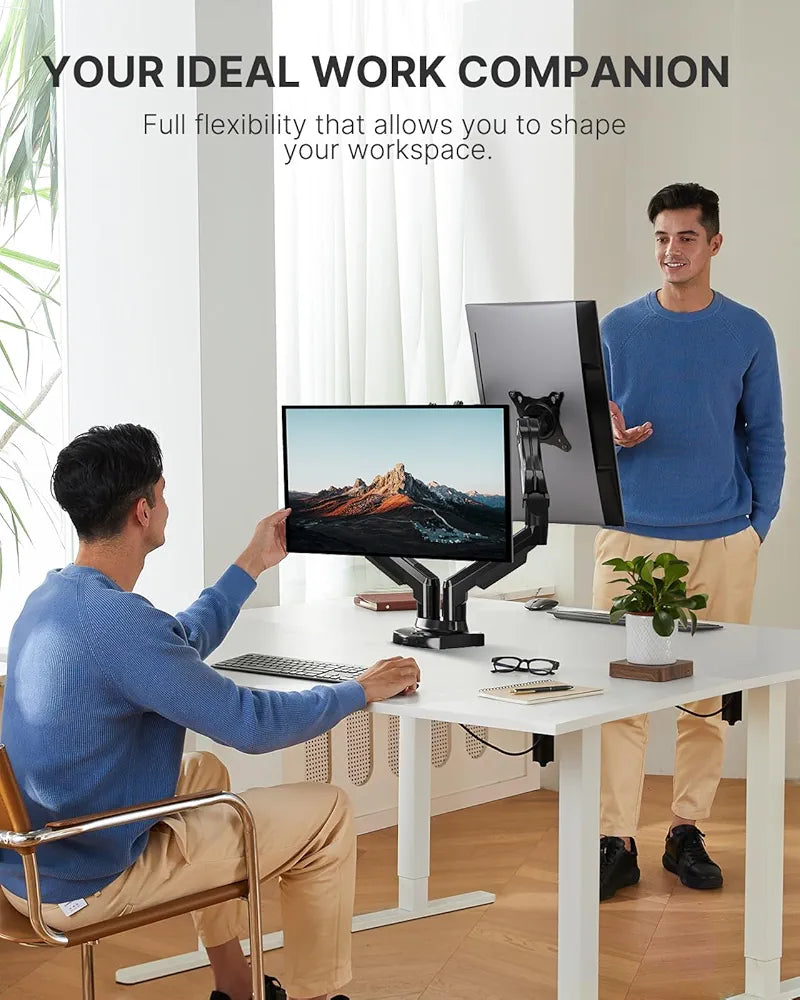 HUANUO Dual Monitor Stand - Full Adjustable Monitor Desk Mount Swivel Vesa Bracket with C Clamp, Steel Monitor Mount Reinforcement Plate for Thin, Glass and Other Fragile Tabletop