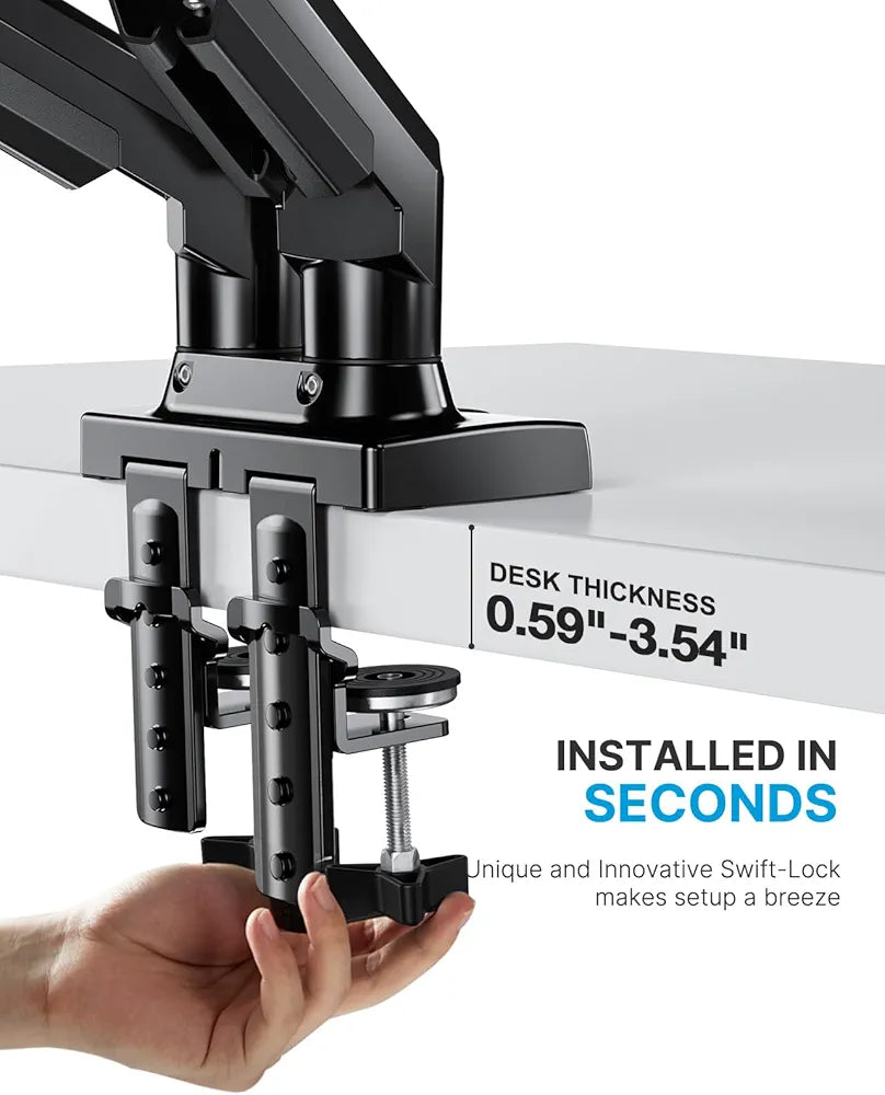 HUANUO Dual Monitor Stand - Full Adjustable Monitor Desk Mount Swivel Vesa Bracket with C Clamp, Steel Monitor Mount Reinforcement Plate for Thin, Glass and Other Fragile Tabletop
