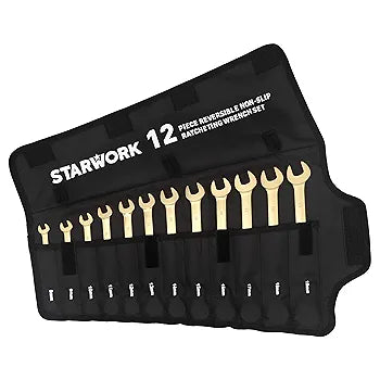 Offset Vintage 12 Pc. 6-Point Metric 15° G-Plating Reversible Non-Slip Long Pattern Ratcheting Combination Wrench Set (8-19 mm)