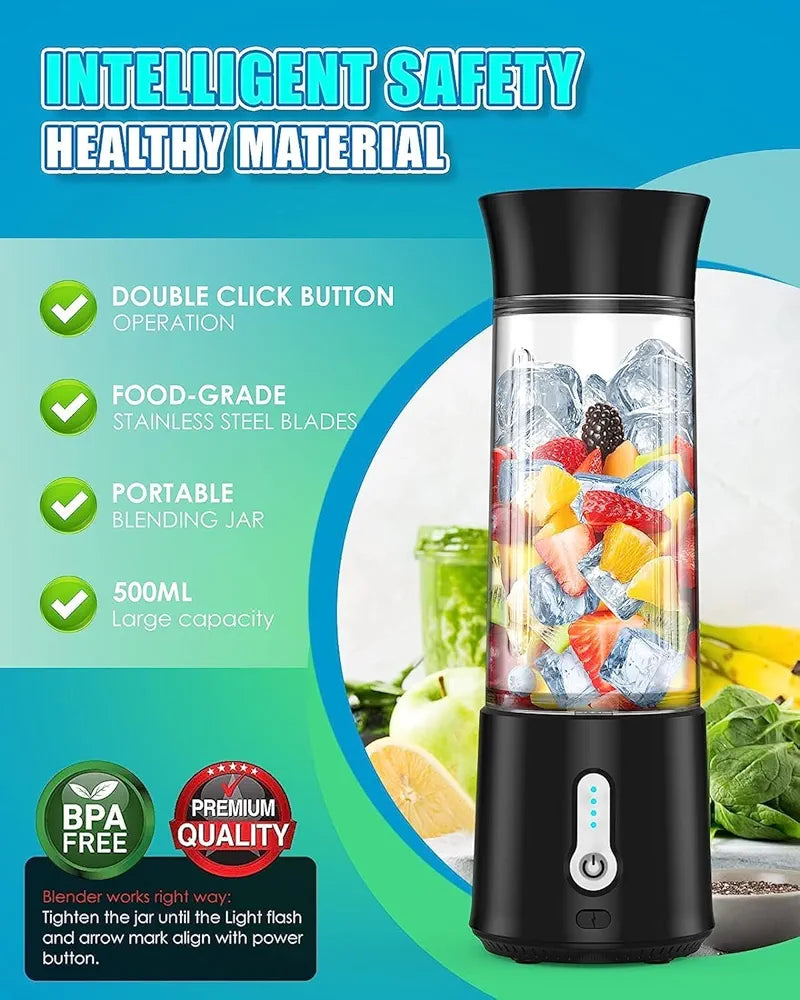 Portable Blender, 500ml Large Capacity Travel Blender Inside Contains 6 Stainless Steel Blades And USB Charging, Easy to Use And Safe Personal Blender for Travel, Kitchen, Party And Outdoor