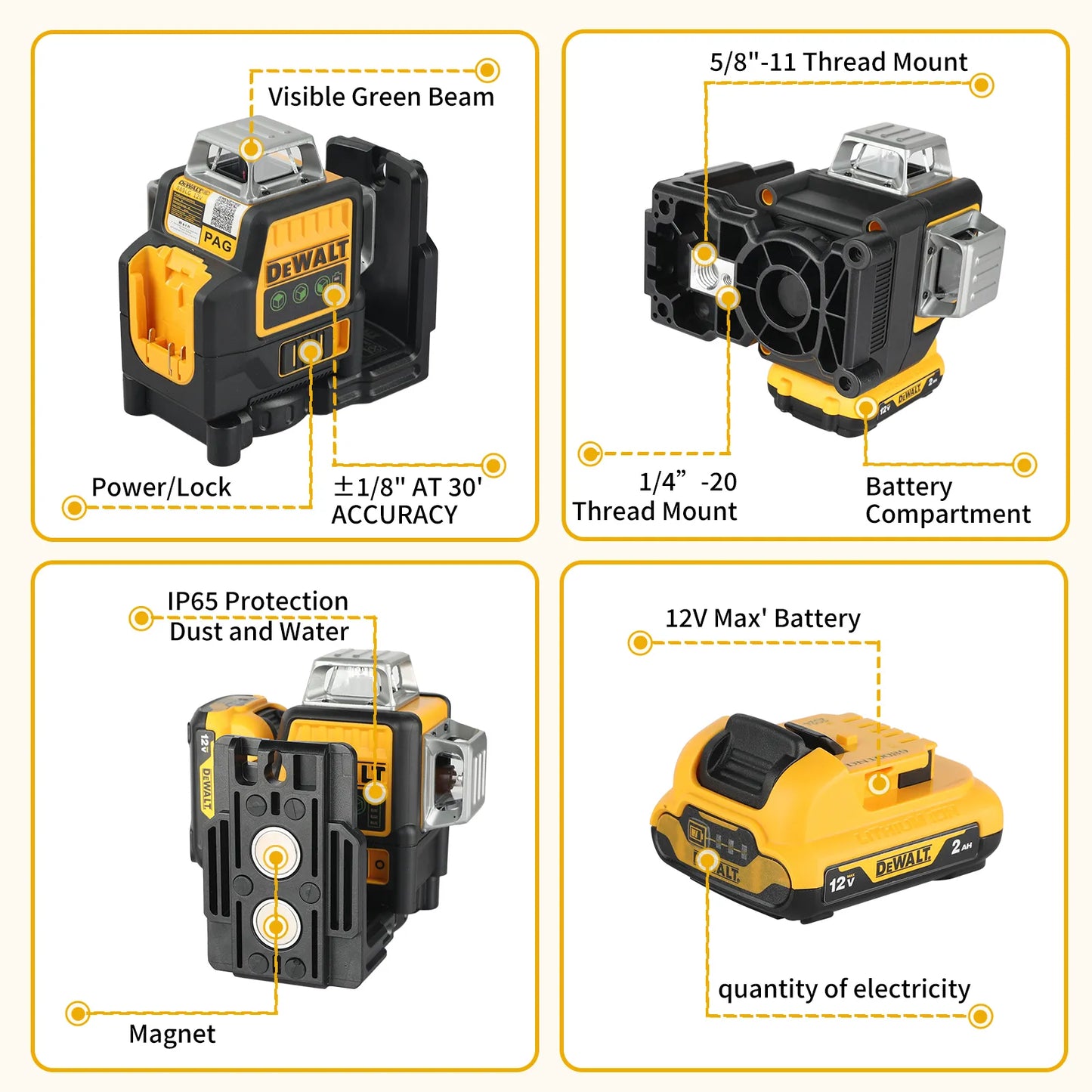 DEWALT 12V MAX Laser Level, Green Line Laser, 3-Way, 360 Degree Professional Laser, Cordless/Rechargeable (DW089LG)