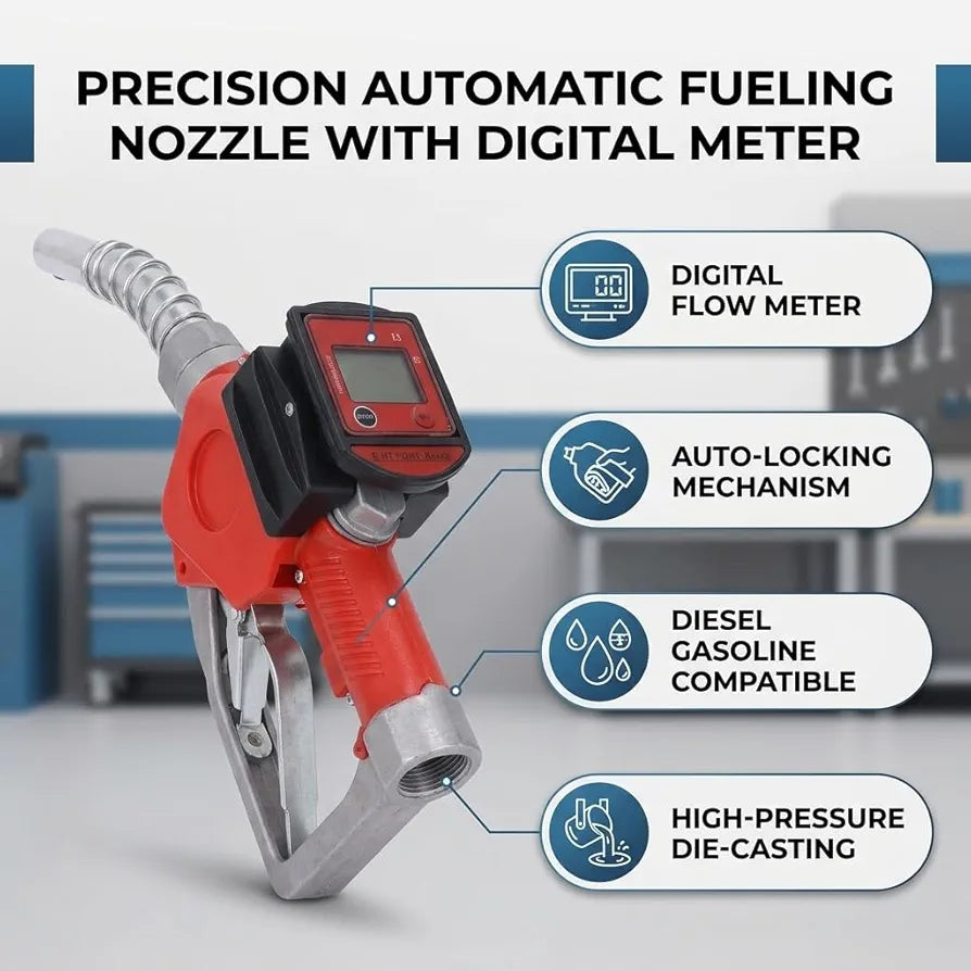 Automatic Fuel Nozzle, Aluminum Alloy, Model K28, with Digital Meter, Auto Shut Off, 3-Position Locking, for Kerosene and Petrol