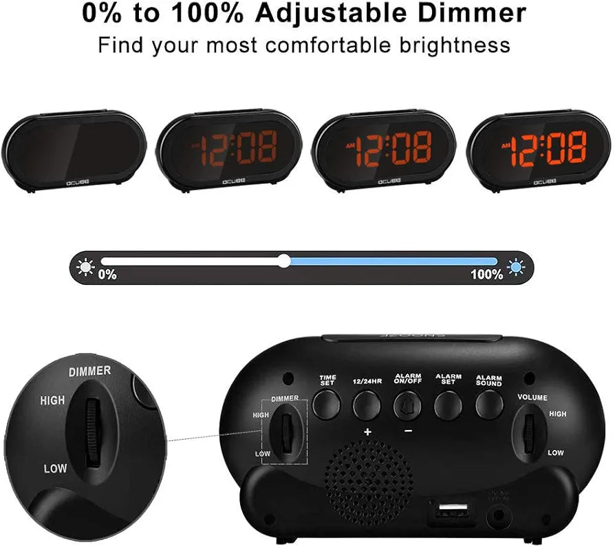 Digital Alarm Clock, Bedside Clock with 5 Optional Alarm Sounds, 0-100% Dimmer, Adjustable Alarm Volume, Easy to Use, USB Charger, Big Digit Display, Snooze, 12/24Hr, Mains Powered(Black)