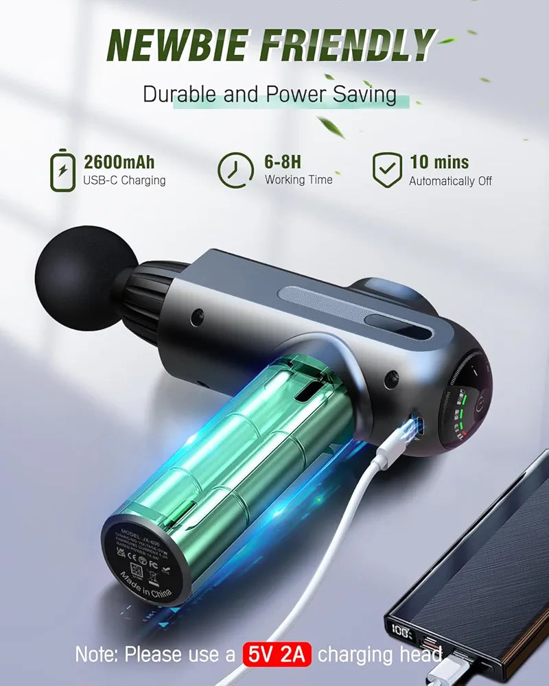 Massage Gun, Muscle Massage Gun Deep Tissue, Percussion Muscle Massager with 6 Massage Heads, Type-C Electric Handheld Body Massager for Muscle Pain Relief & Recovery