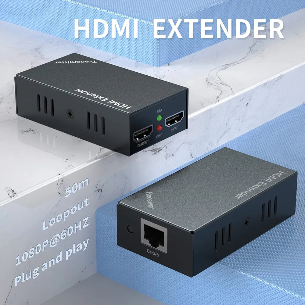 HDMI Extender 50m/164ft with Local Loop Out, Over Cat 5/5e/6/7 Extend Full HD 1080P@60Hz POE EDID Transmitter + Receiver