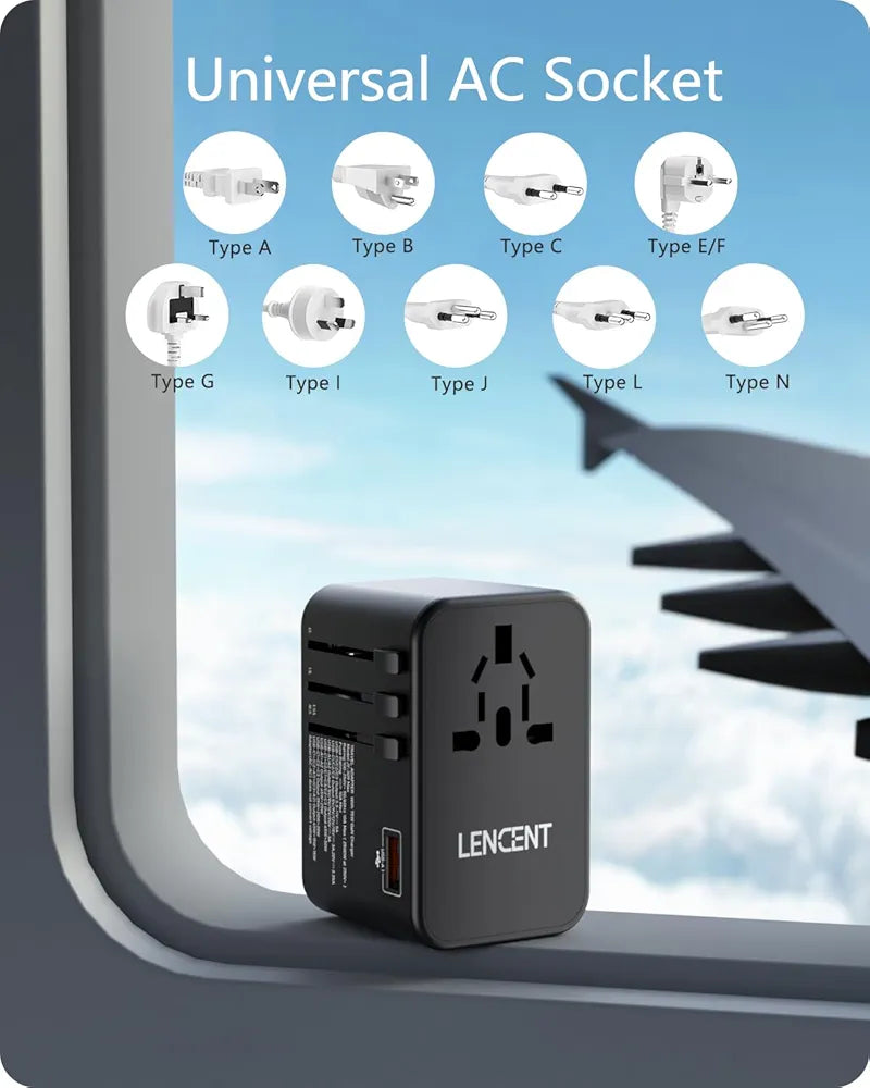 LENCENT 75W Universal Travel Adapter, 65W GaN International Fast Charger with 3 PD3.0 Type C+2 QC USB A, Worldwide Power Adaptor for Phones,Laptops, All in One Power Adapter for EU/USA/UK/AU