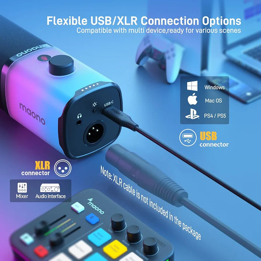 MAONO XLR USB Gaming Microphone: Dynamic RGB PC Microphone with Software for Streaming Podcast Vocal Recording Computer Mic with Noise Cancellation, Mute Button, Gain Knob, Desktop Stand PD100X RGB