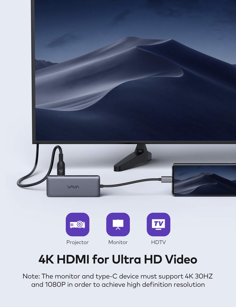 VAVA 8-in-1 USB-C Hub
Model: VA-UC010 4k UHD HDMI® output
High resolution USB C to HDMI® adapter
Fast data transfer USB C dock